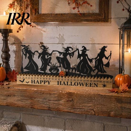 Halloween Office Decor Dancing Witch Countdown Table Ornament, Rustic Wooden Home Handcrafted Art for Party Centerpiece, Spooky Haunted House Tabletop