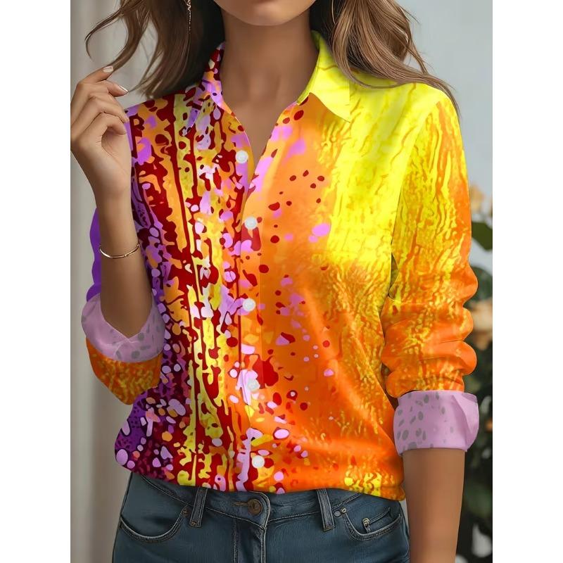 Autumn 2026 Ink Painting Print Blouse Ladies Long Sleeve Gradient Button Laple Loose Shirts Tops Casual Elegant Women's Clothing