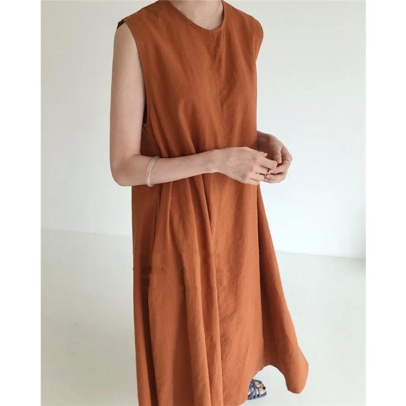 Women Summer Vintage Cotton and Linen Long Tank Dress Sleeveless Loose Waist Large Hem Round Collar Midi Sundress