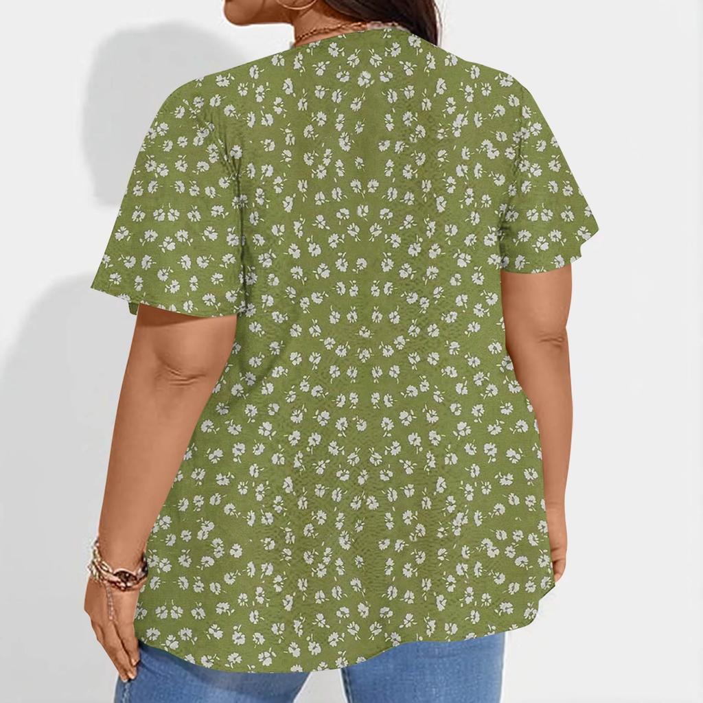 Plus Size Women's Fashion Casual Vintage Printed O-Neck Short Sleeve Button T-Shirt Top