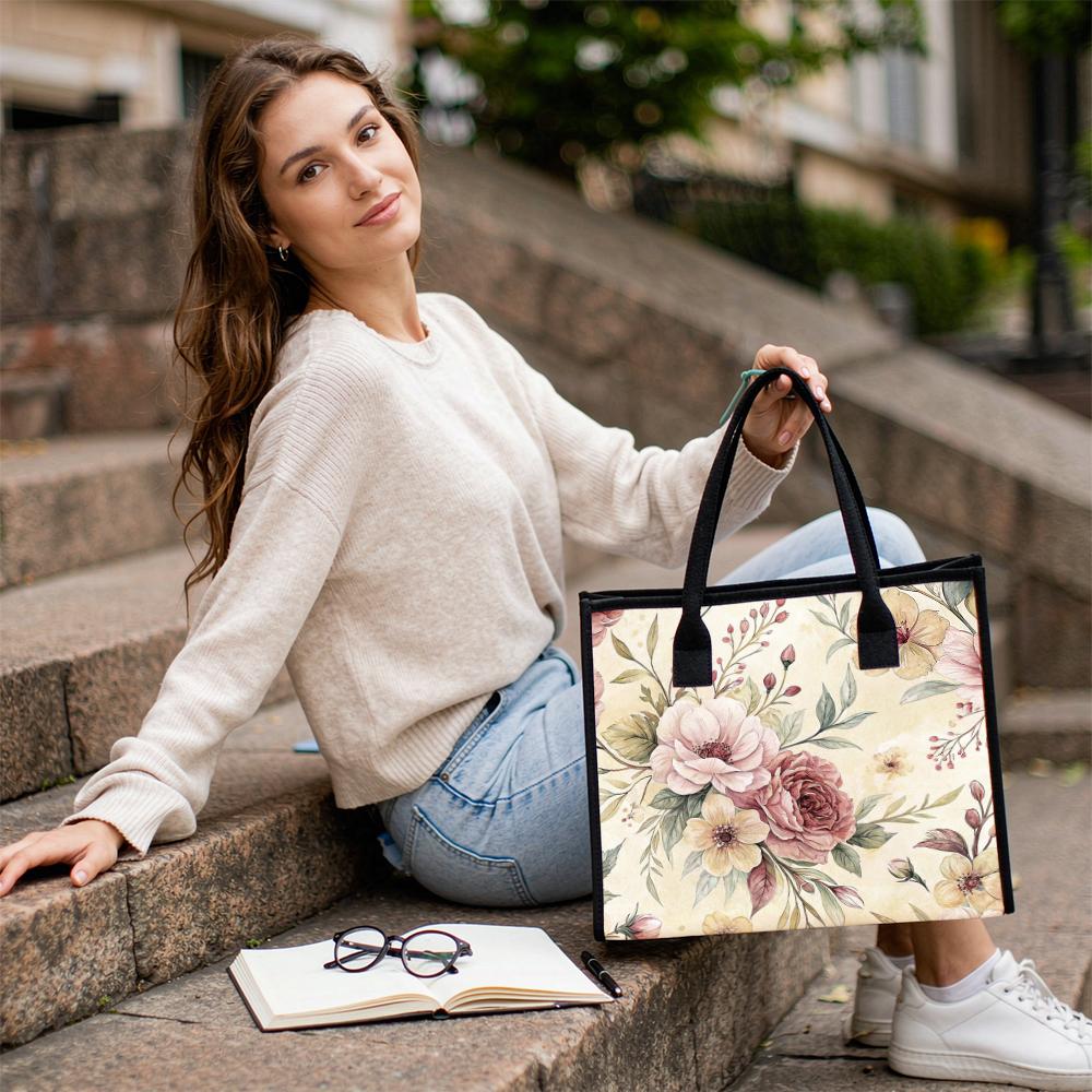 Vintage Floral Women Daily Use Tote Bag Fashion Casual Lightweight Handbag for Shopping Commute Travel