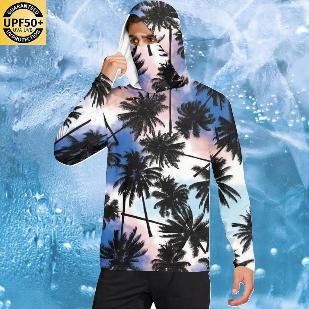 Men's Casual Hawaiian Print Hooded Long Sleeve Sun Protection Shirt Lightweight Breathable UV Protective Top for Outdoor Activities