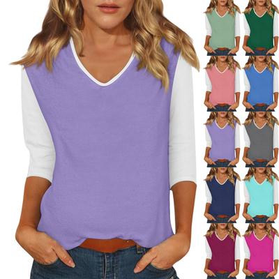 Women's Casual Fashion Sexy Comfortable V-neck Stitching Color Three-quarter Sleeve Top