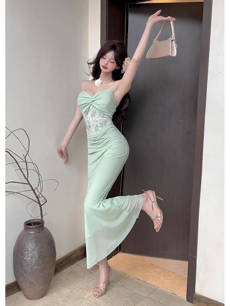 Elegant Noblewoman Mesh Splicing Camisole Dress - Sexy, Hip-Hugging Long Dress with Mature, Pure Desire Style