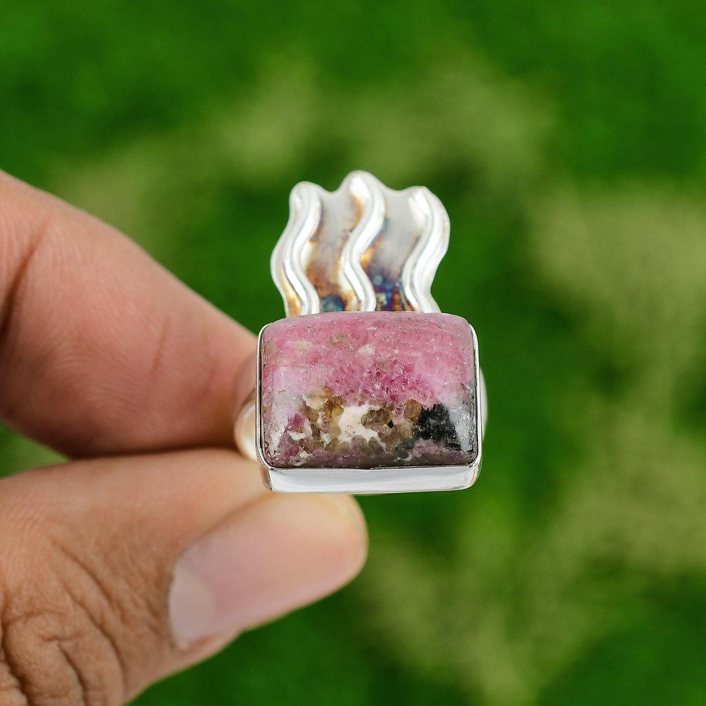 Natural Rhodonite Gemstone 925 Sterling Silver Promise Ring Size 8.75 For Girls