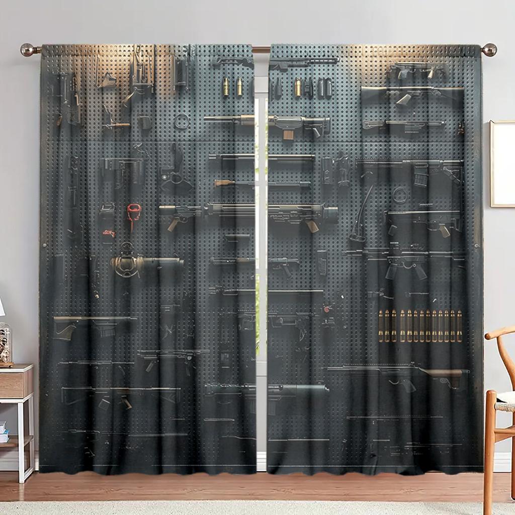 2pcs Gun Wall Printed Curtain for Home Decor - Rod Pocket Window Treatment for Bedroom, Office, Kitchen, Living Room, and Study