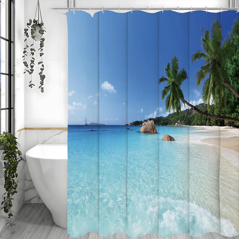 Cortină de duș cu nuc de coc de pe plaja oceanului, Cortină de duș decorativă pentru baie, Cortină de duș impermeabilă cu cârlige