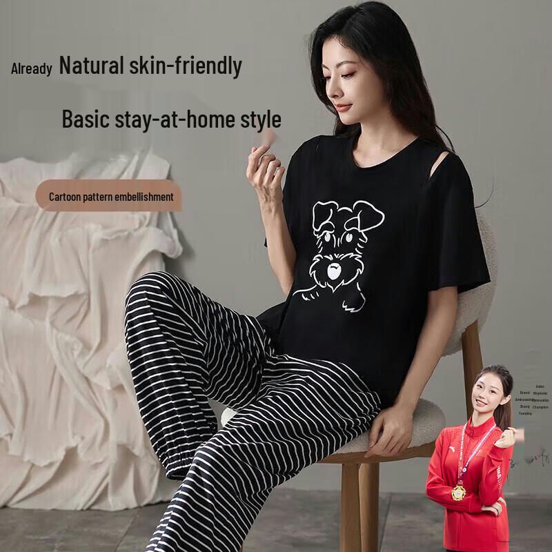 Women s Casual Short-Sleeve Long Pants Loungewear Set L чёрный