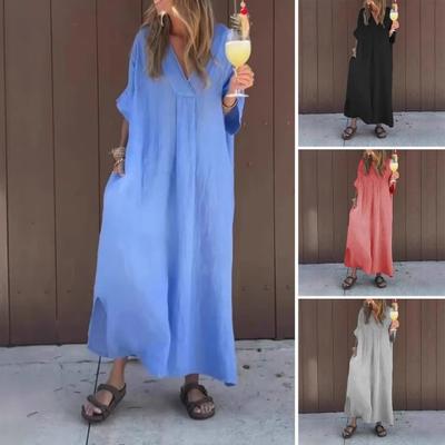 Robe Maxi Ample pour Femme Col V Manches Courtes Robe Longue Été Décontractée Ligne A