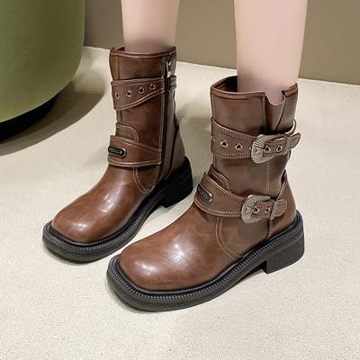 Moda Vintage Zíper Lateral Cano Médio Botas de Montaria Mulheres Sexy Bico Quadrado Salto Médio Botas Western Designer de Luxo Fivela de Metal Sapatos