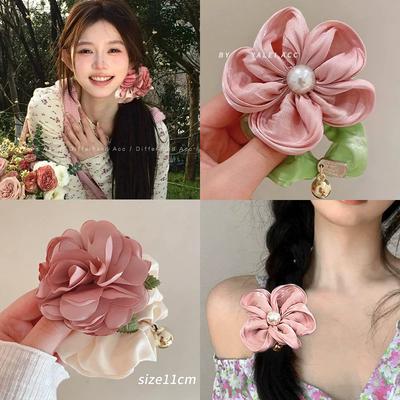Rose Hair Tie Pink Camellia Hair Band Women's Ponytail TieFlower Pleated Hair Tie