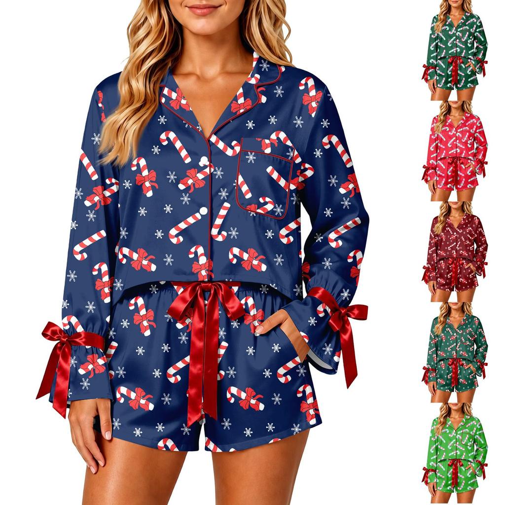 Women's Christmas Pajama Set with Button-Down Shirt and Shorts for Holiday Sleepwear
