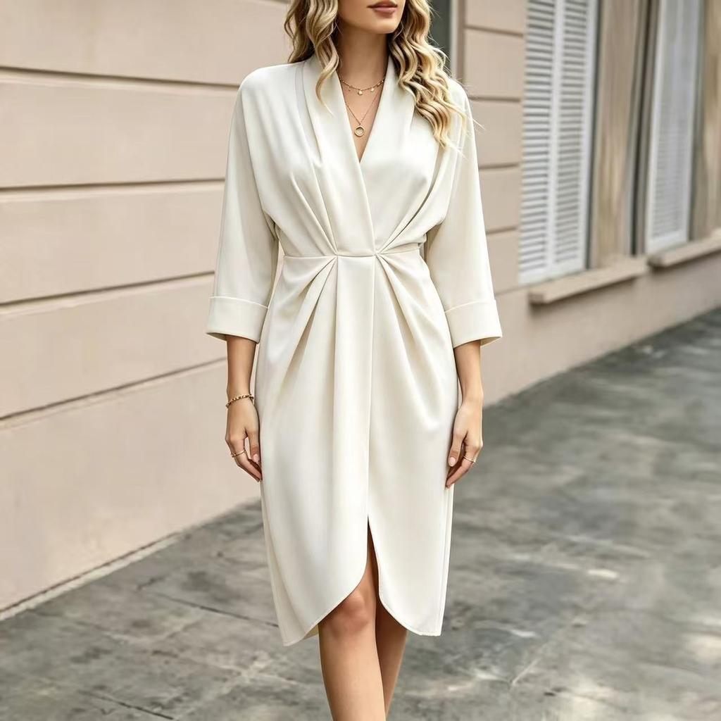 Abito midi da donna in raso con scollo a V e vita stretta Colore Abito da sera elegante