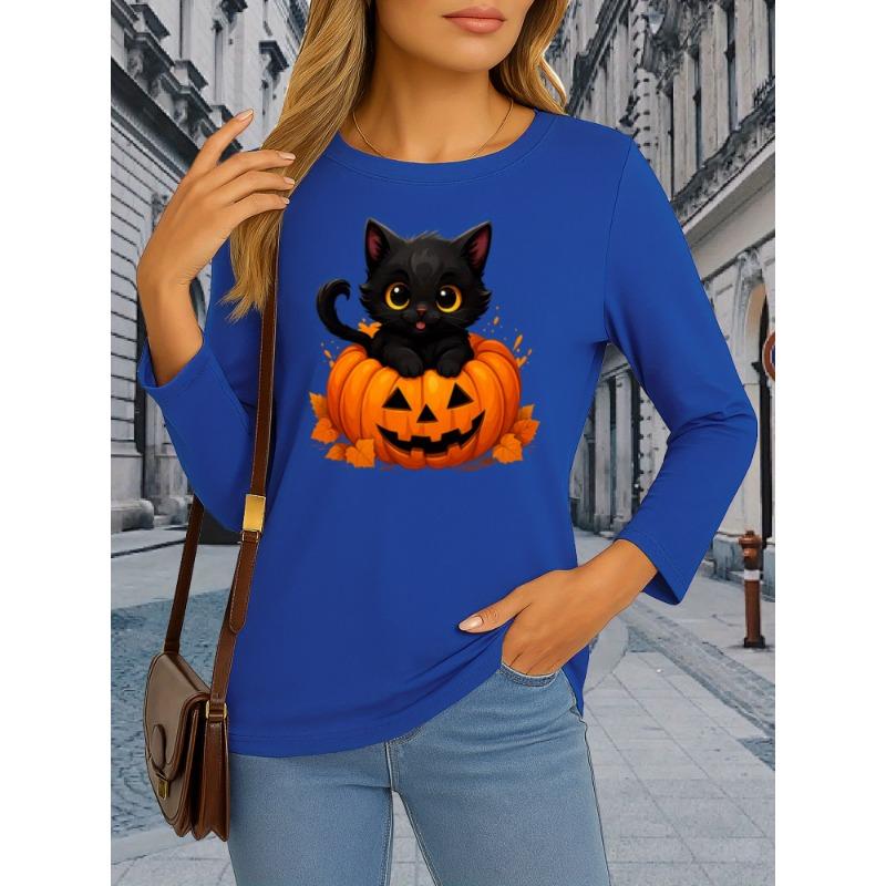 Black Cat Pumpkin Print Women's Round Neck Long Sleeve T-Shirt