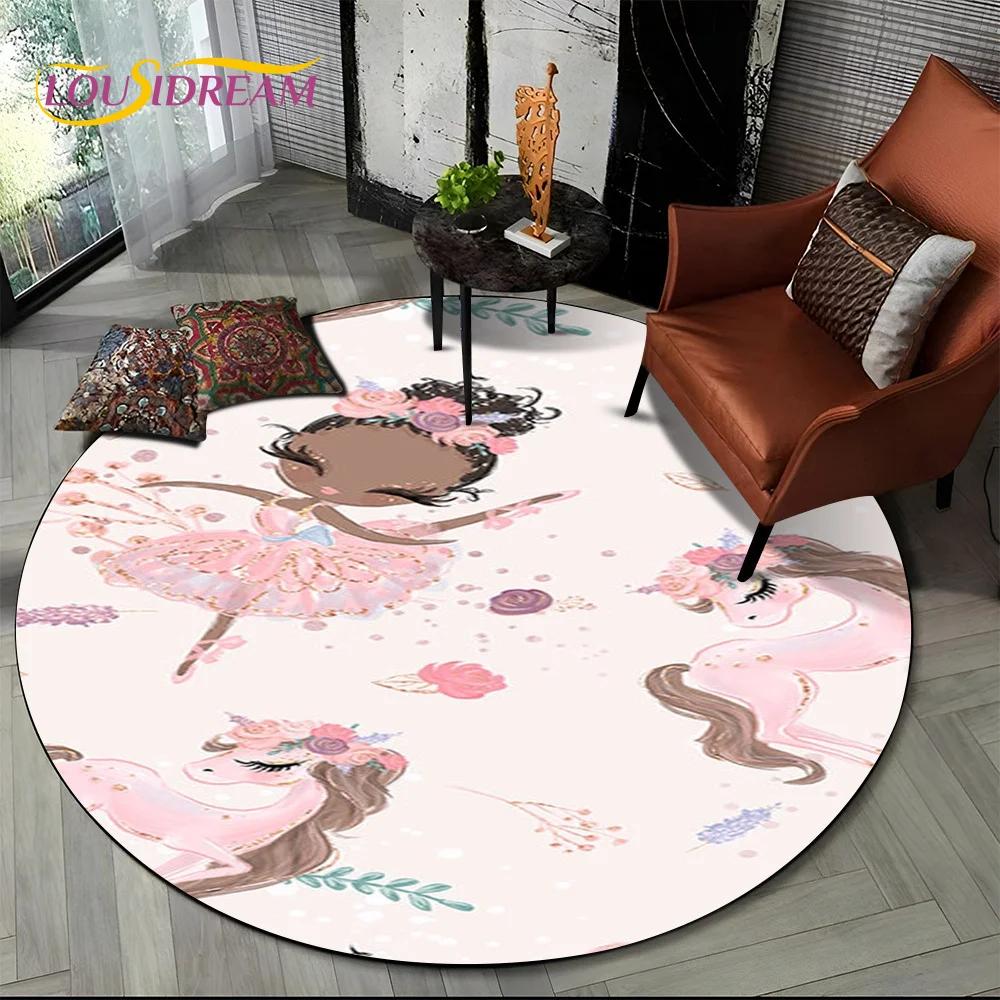 Ballet Girl Cartoon Flower Fairy Ballerina Round Carpet Rug for Living Room Bedroom Child Decor,Pet Area Rug Non-slip Floor Mat