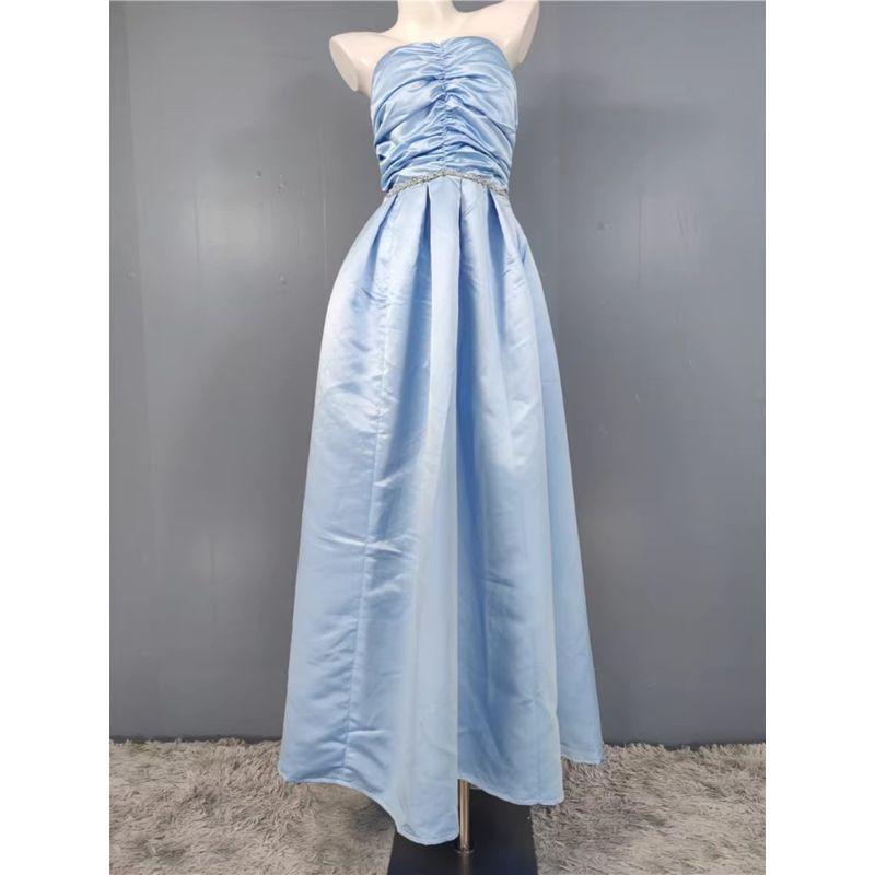 Export Single Elegant Stylish Beautiful All-Match Wrapped Chest Ruched Smooth Fabric Diamond Decorations White Fashion Banquet Dress