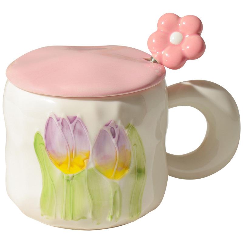 High Value Ins Style Tulip Cup for Girls Cute Ceramic Mug with Lid Spoon Couple Home Coffee Cup