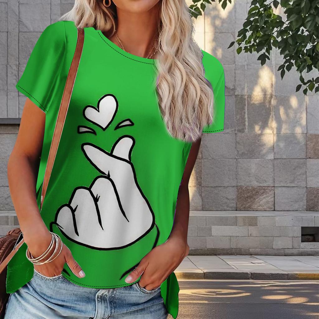 Women Summer T Shirt Hand Heart Gesture Print Retro Fashion Short Sleeve Tees Casual Printed Tops