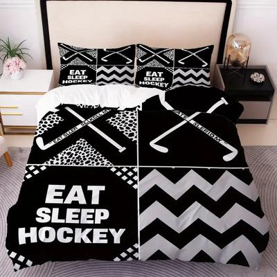 Hockey Player Duvet Cover Set, Sports Theme, Breathable Polyester Bedding, Digital Print, Machine Washable