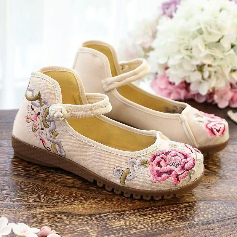 2026 Woman's Chinese Traditional Flat Sole Embroidered Flower Shoe Soft Sole Mary Jane Shoe Ethnic Style Round Toe Canvas Shoes
