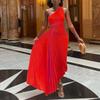 Damen Modisches Einfarbiges Lässiges Sexy Temperament Ein Schulter Schräger Kragen Plissiert Ausgeschnitten Kleid Langes Kleid