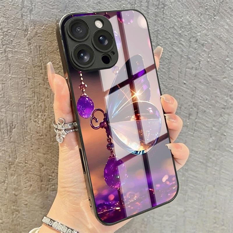 Purple Crystal Butterfly Tempered Glass Phone Case For Samsung Galaxy S26 Ultra S25 Plus S24 S23 FE 5G Lens Shockproof Cover