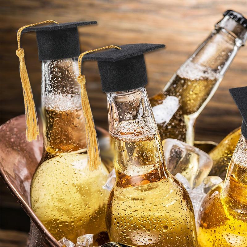 5/10 Mini-Absolventenhüte mit Quaste, Plüschtier-Weinflasche, DIY-Geschenkdekoration, Filz-Junggesellenhut 2025, Partyzubehör