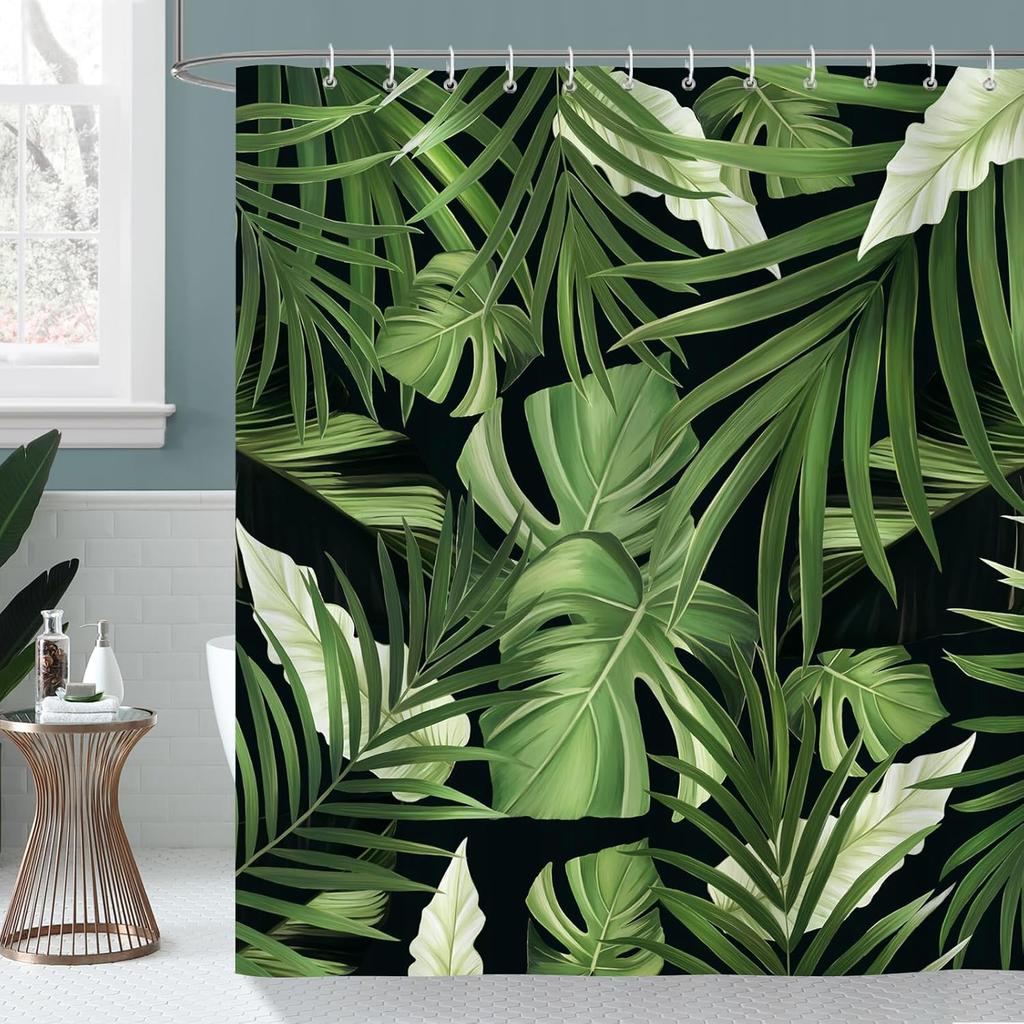 Banana leaf tropical plant green shower curtain 180 x 200cm polyester waterproof mildew washable shower curtain with 12 hooks