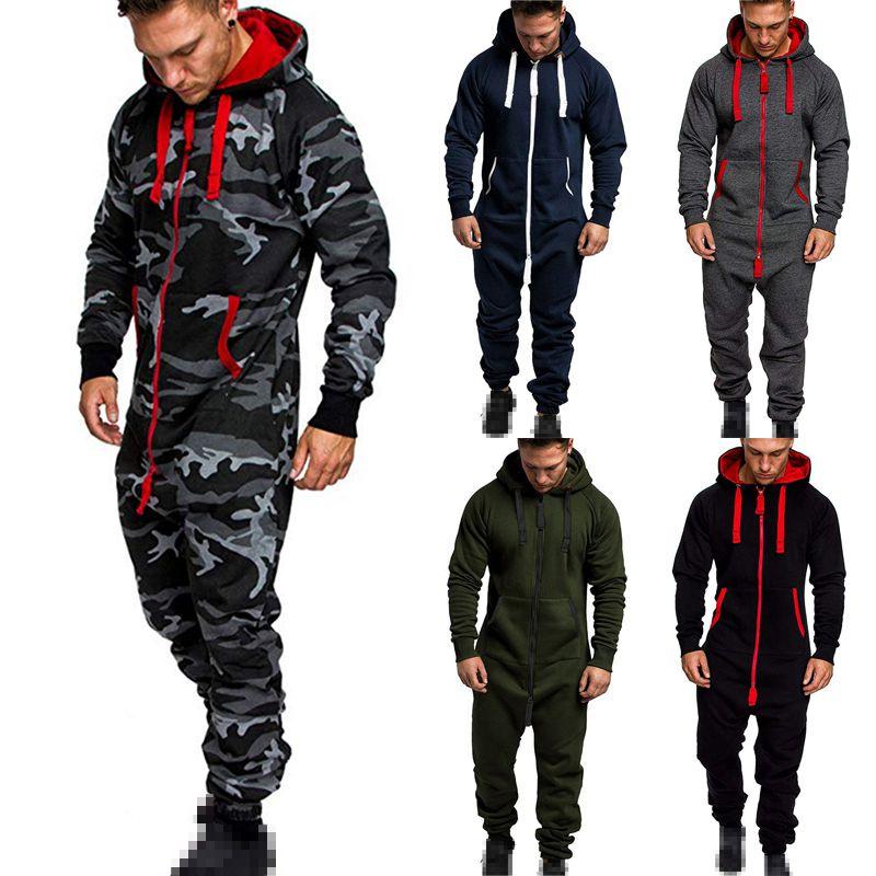 Hooded Men's Long Sleeve Camouflage Onesie Jumpsuit For Casual Wear**