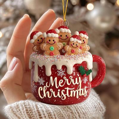 1/2/3 Stück Frohe Weihnachten Lebkuchenmann Familie Ornament Roter Keramikbecher Anhänger mit Zuckerguss Schneeflockenmuster