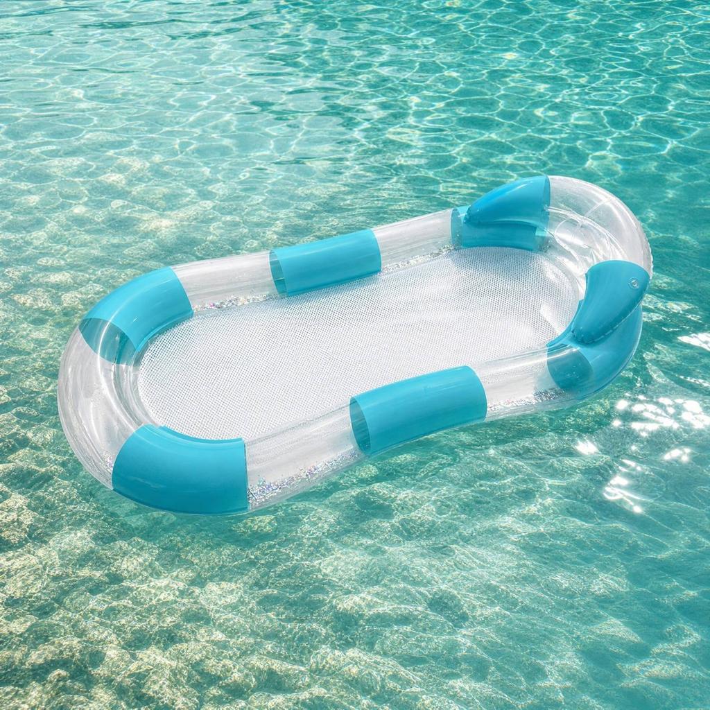 Inflatable Pool Float with Transparent Sequins and Mesh Floating, Portable Lounger for Adults, Swimming Pool Floating Bed