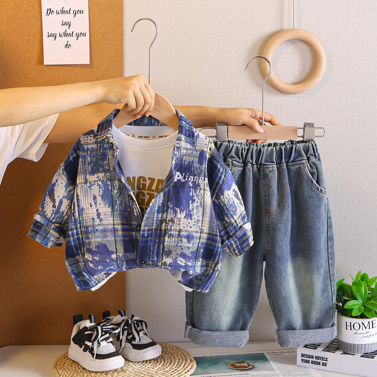 

Комплект из трех предметов с длинным рукавом для мальчиков 0-5 лет, осенне-зимняя рубашка-куртка в полную клетку, детский повседневный комплект S синий