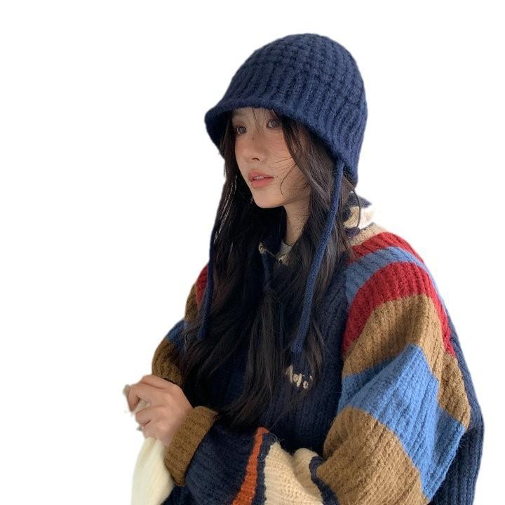 Herbst und Winter Neue vielseitige Fischerhut Damen Koreanischer Stil Ins Warm Ohrenschutz Wollstrickmütze Beckenhut