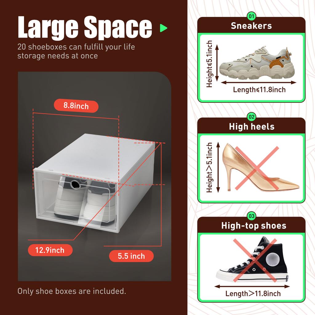 20-Pack Plastic Shoe Boxes Stackable, Clear Foldable Shoe Storage Bins with Lids for Closet Organization, White