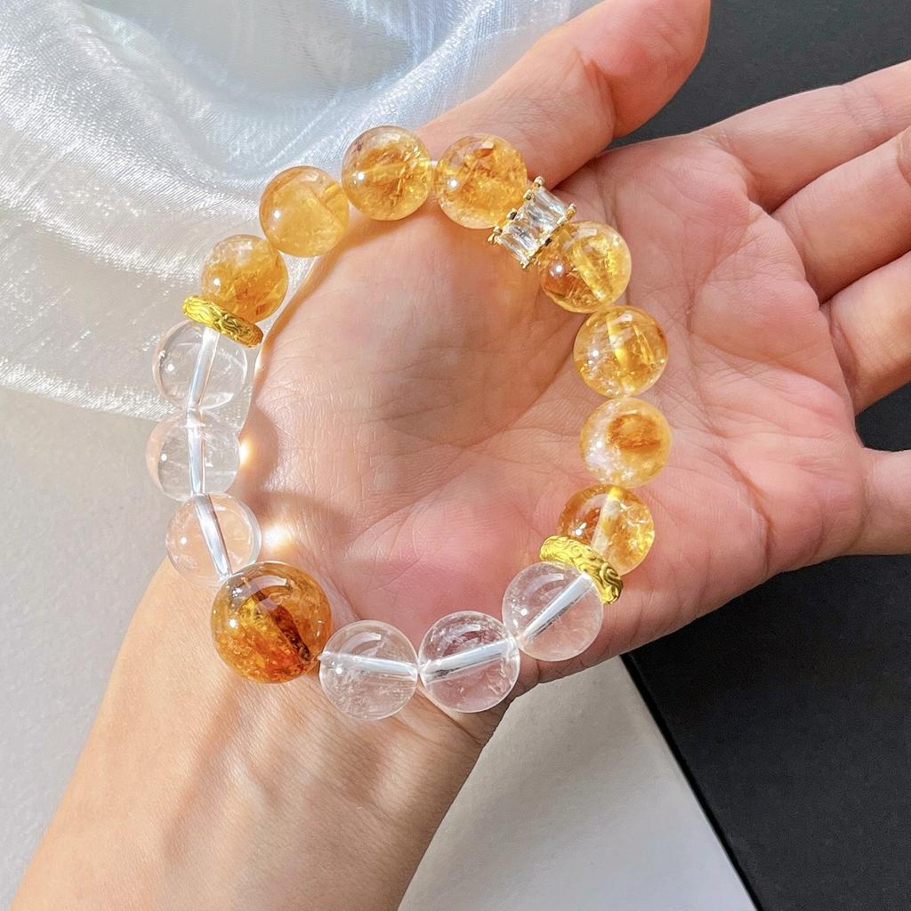 About 12Mm Large Particle Natural Citrine White Crystal Yellow Gum Flower Design Bracelet