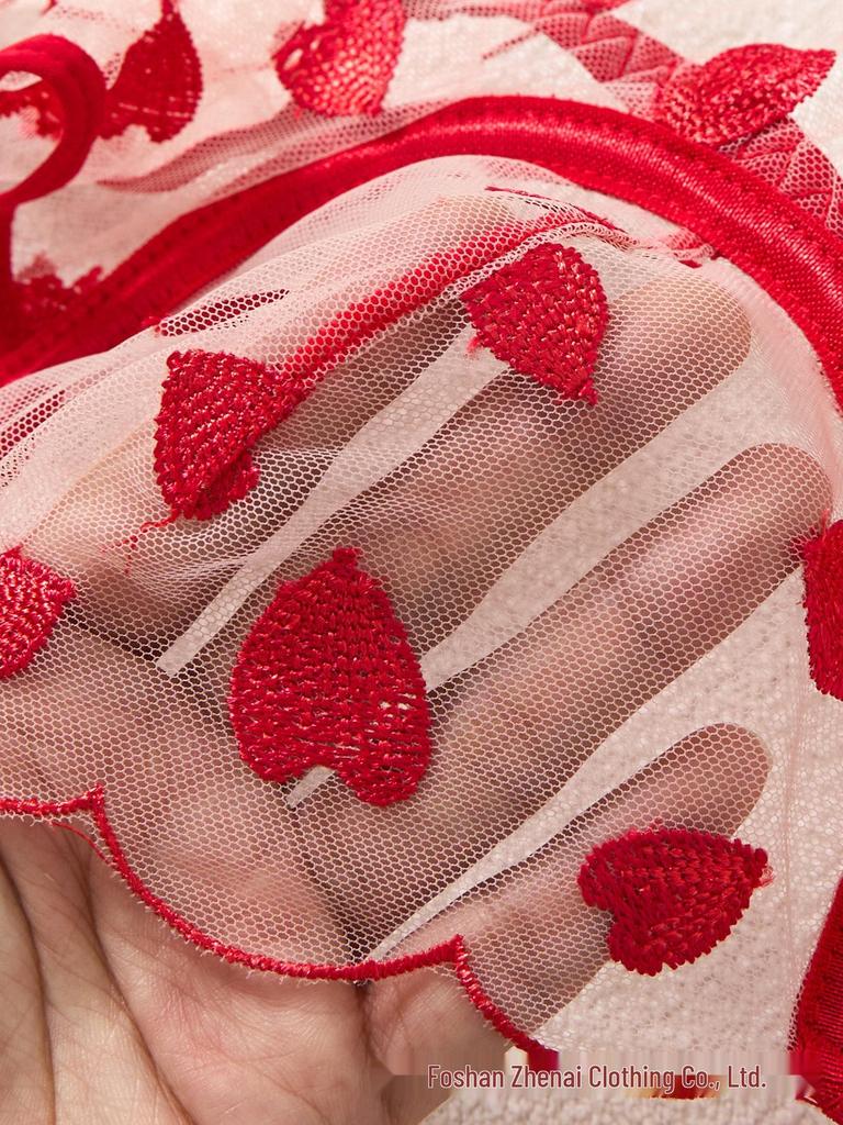 Red Heart Embroidered Mesh Lingerie Set - Sexy Push-up Bra with Anti-sag Support, Desire Style 203
