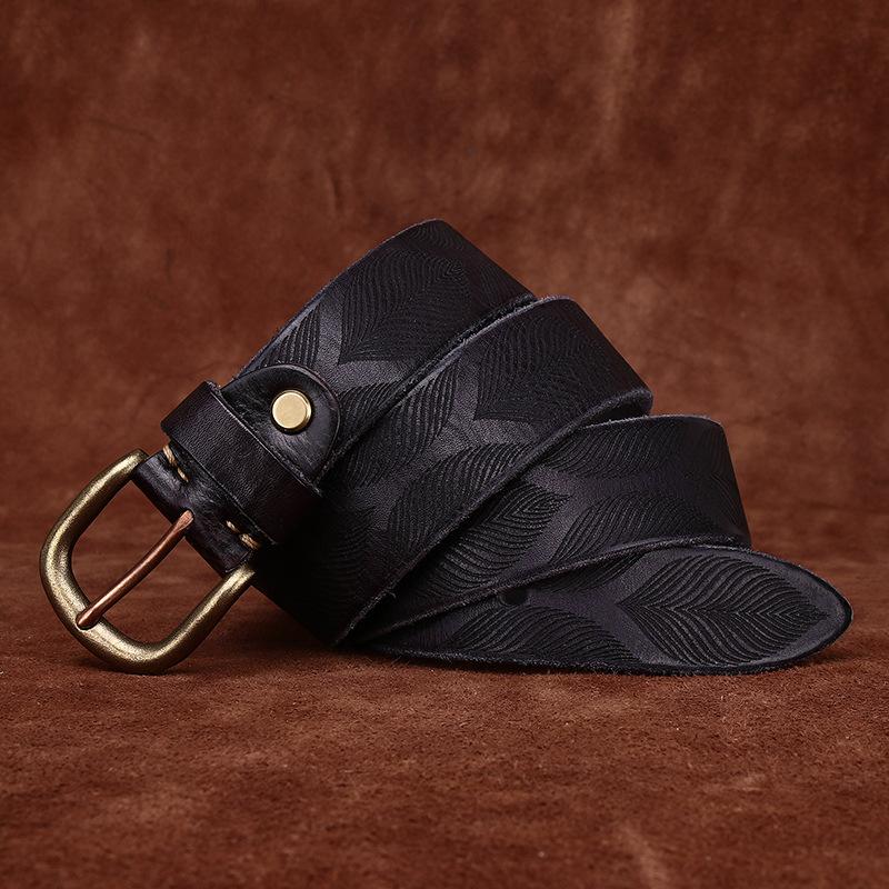3.8Cm Wide Washed Retro Personalized Embossed Vegetable Tanned Belt Men'S Genuine Leather First Layer Cowhide Pin Buckle Belt Men'S Trendy