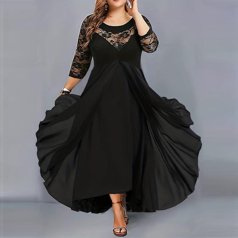 Damen Kleid Spitze Halbarm Sommer Frau Lange Kleider Frühling Casual Maxi Kleid Schwarz O-Ausschnitt Übergröße Kleider