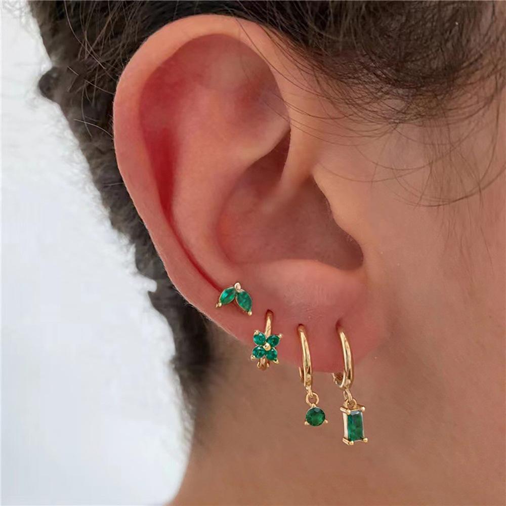 4PCS Stainless Steel Huggies Hoop Earrings Set For Women Rose Red Crystal Zirconia Unique Cartilage Earrings Piercing Jewelry