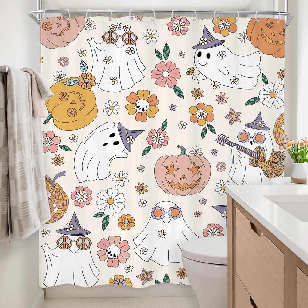 Halloween Duschvorhang Kinder Retro Lustig Geist Cartoon Niedlich 70er Y2k Herbst Kürbisse Blume Duschvorhang Badezimmer Set