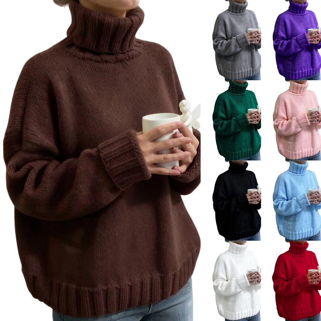 Maglione da Donna a Collo Alto a Manica Lunga - Colore Vestibilità Larga Top Casual in Maglia