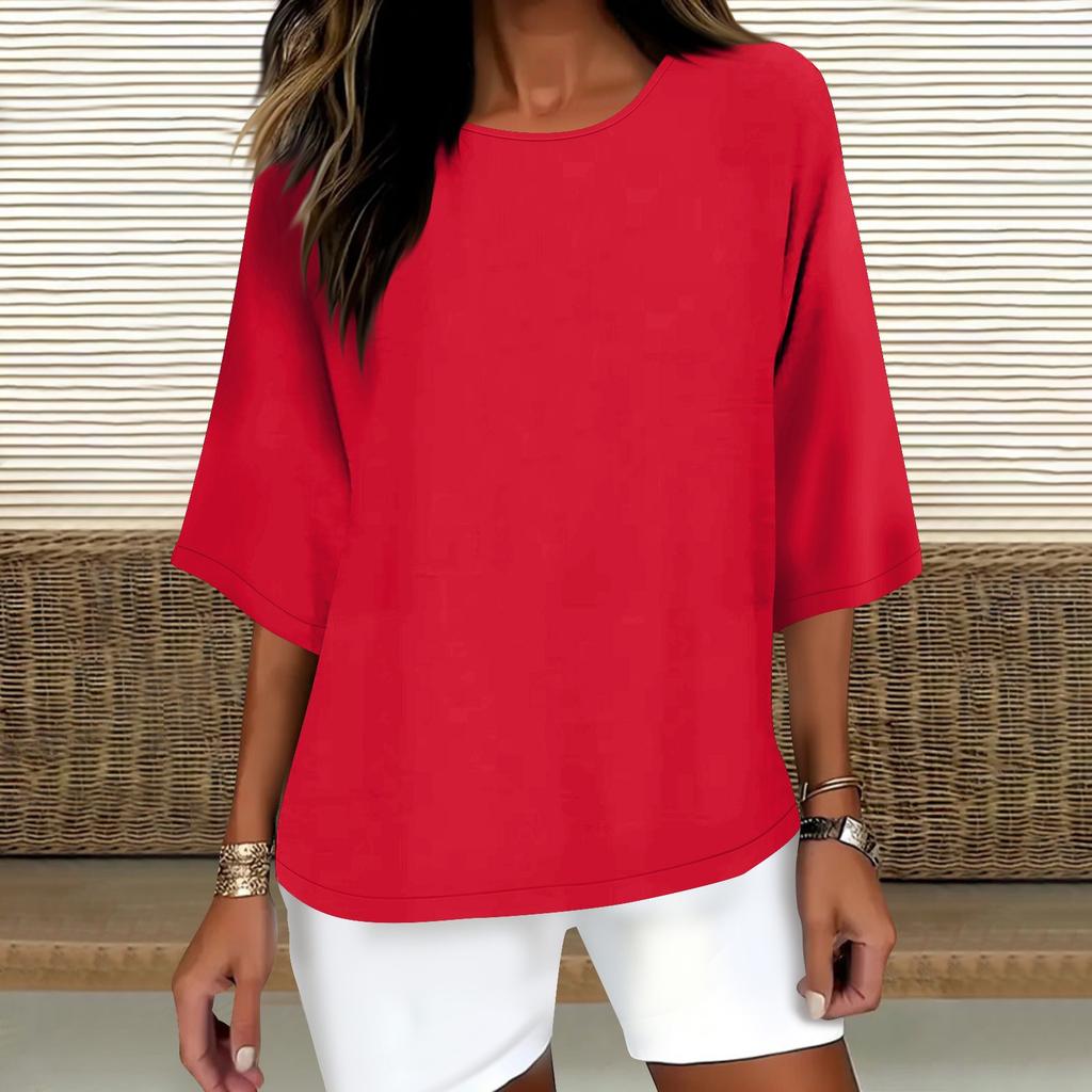 Women's Fashion Solid Color Casual T-Shirt Seven Sleeve Round Neck Cotton Top