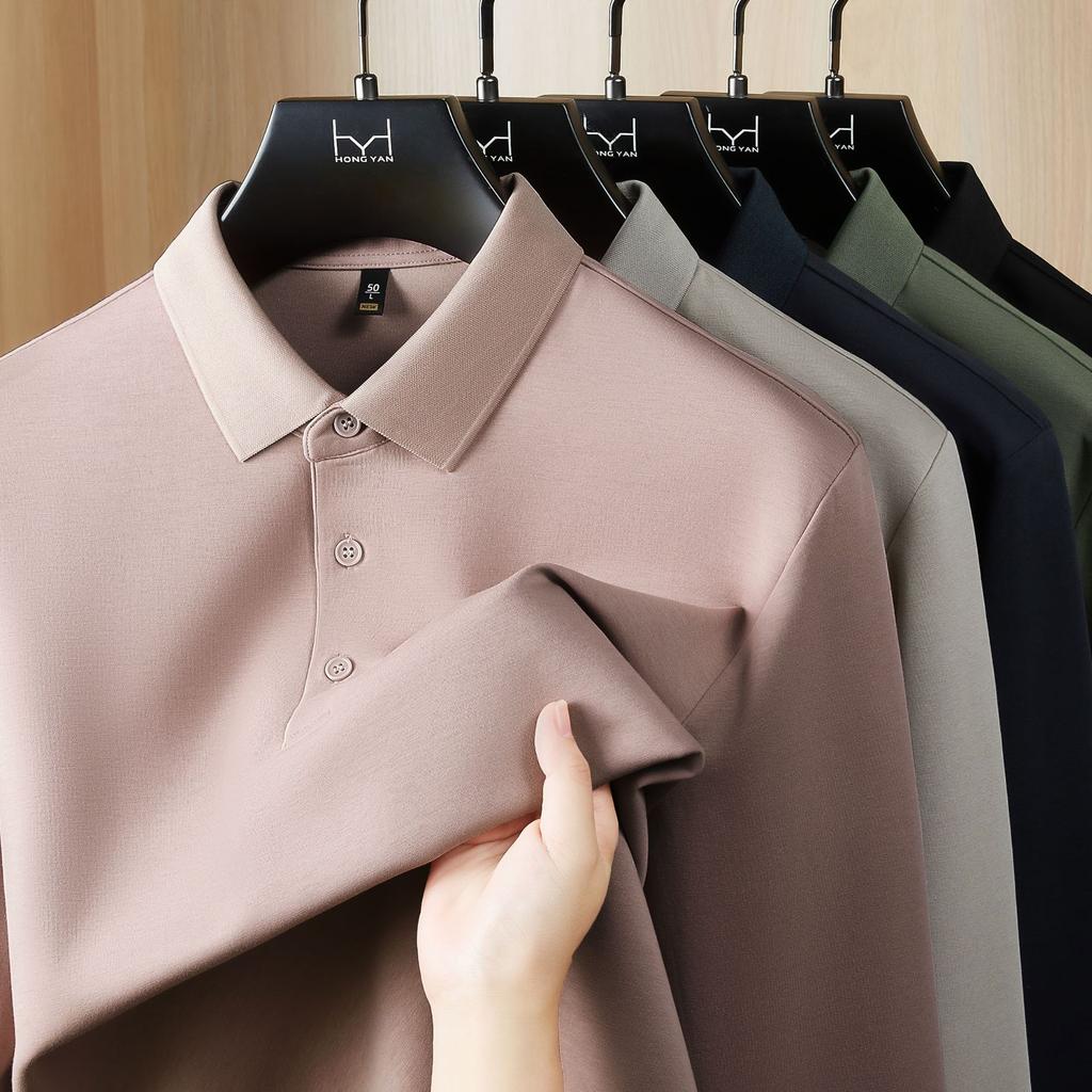 Autumn And Winter Heavy 260G Mamba Cotton Lapel Men'S Long-Sleeved Polo Shirt Light Business Versatile Solid Color Men'S Polo Shirt