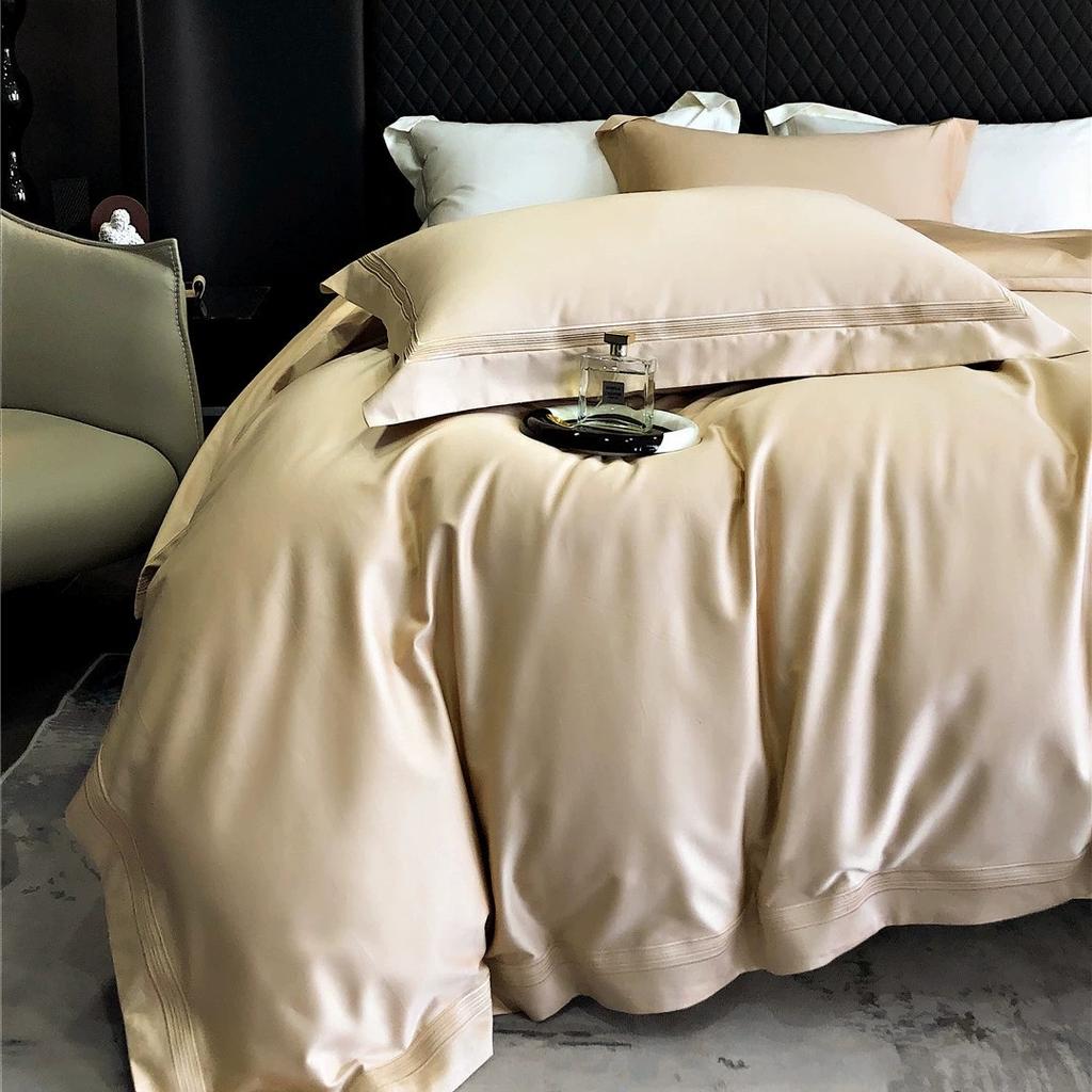 100% Cotton Luxury Minimalist Modern Solid Color 5-Line Stitch 4-Piece Duvet Cover Bedding Set All-Season Premium Home Textiles