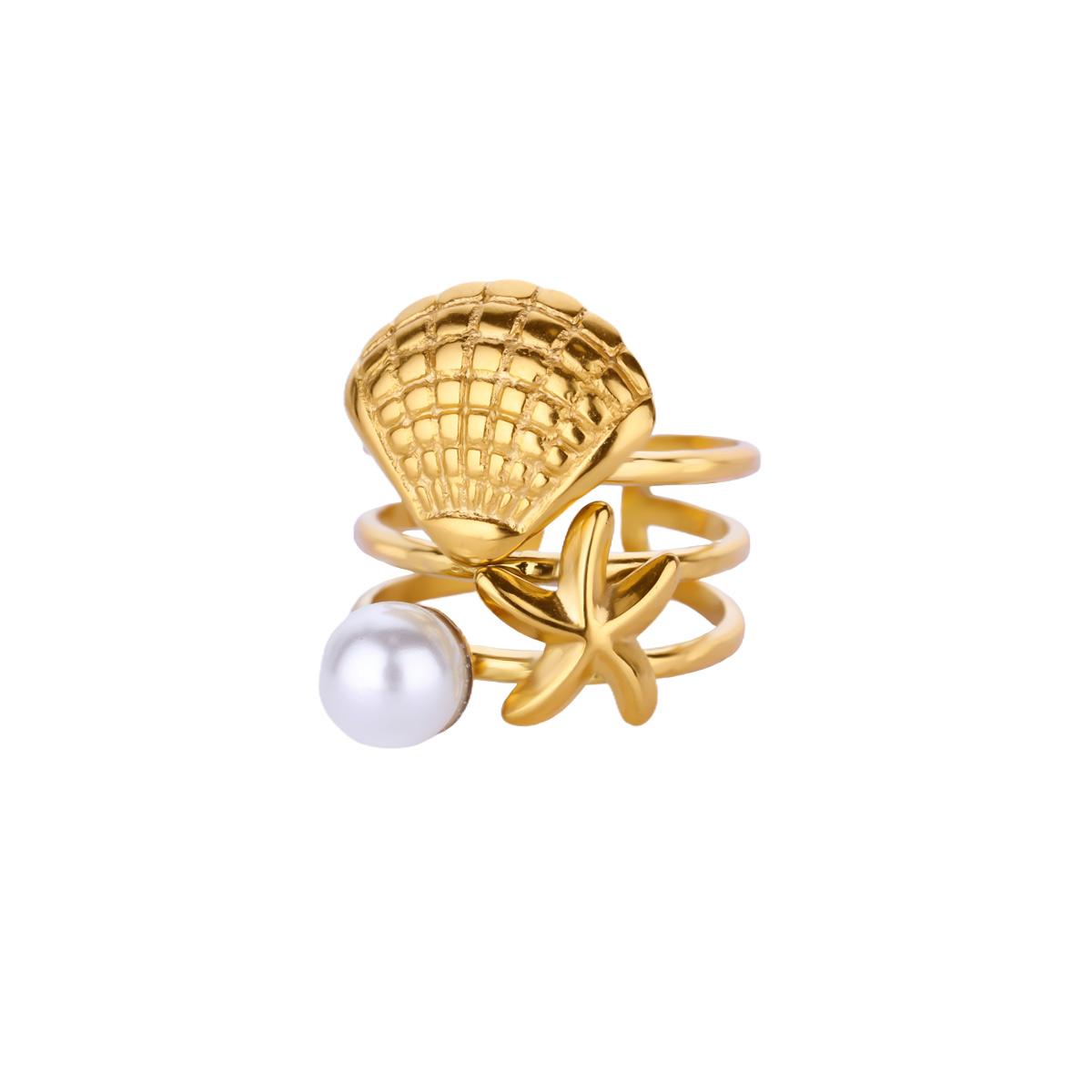 Starfish Shell Pearl Rings For Women Gold Color Stainless Steel Shell Pearl Adjustable Ring Party Christmas Vintage Jewelry Gift