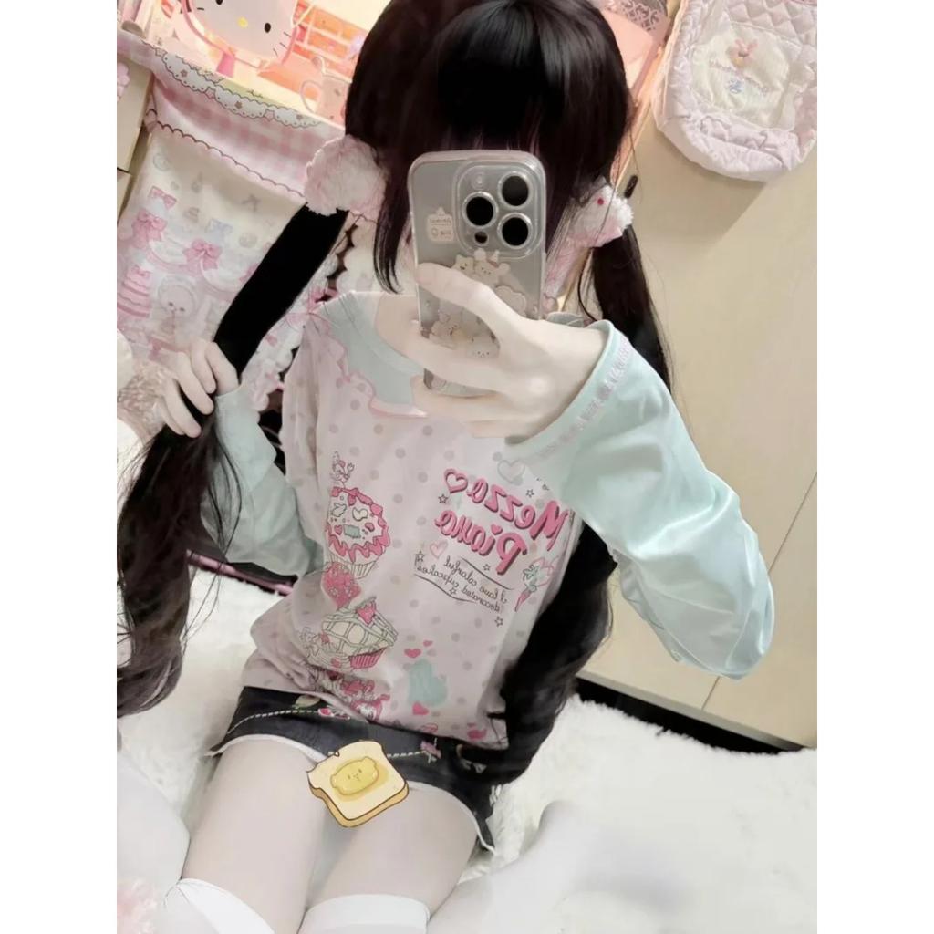 TrendHub Japanese Sweet Cartoon Polka Dot Print Women T-shirt Loose Kawaii Contrast Color Cute Graphic Tee Tops Y2k Aesthetic Tshirts