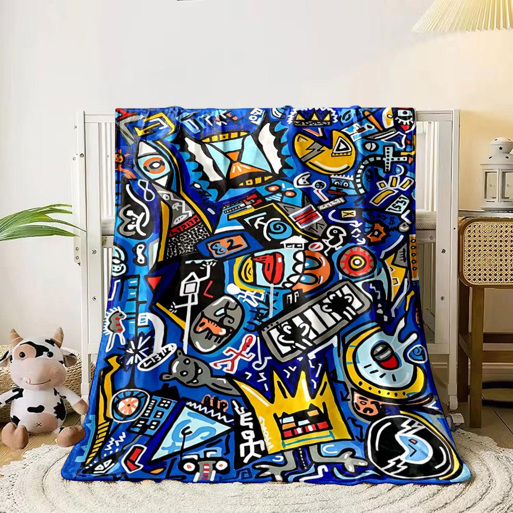 

Bold abstract shapes, symbols, and objects on vibrant blue background. for all seasons blanket lunch break throw gift 80cm x 120cm