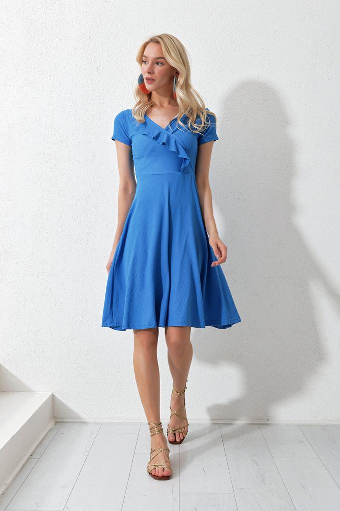 Women's Dress New Season Fashion Blue V-neck Ruffled Midilength Knitted Dress