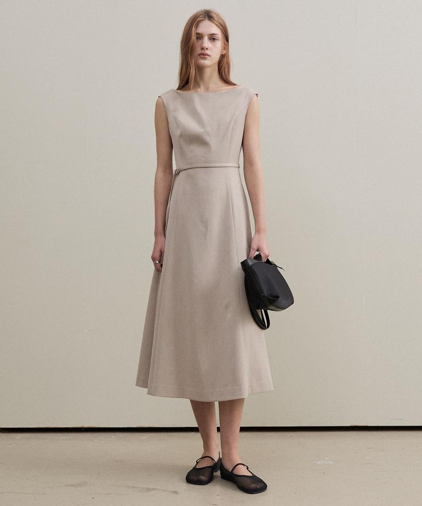 Artid Boat Neck Belted Dress_Beige