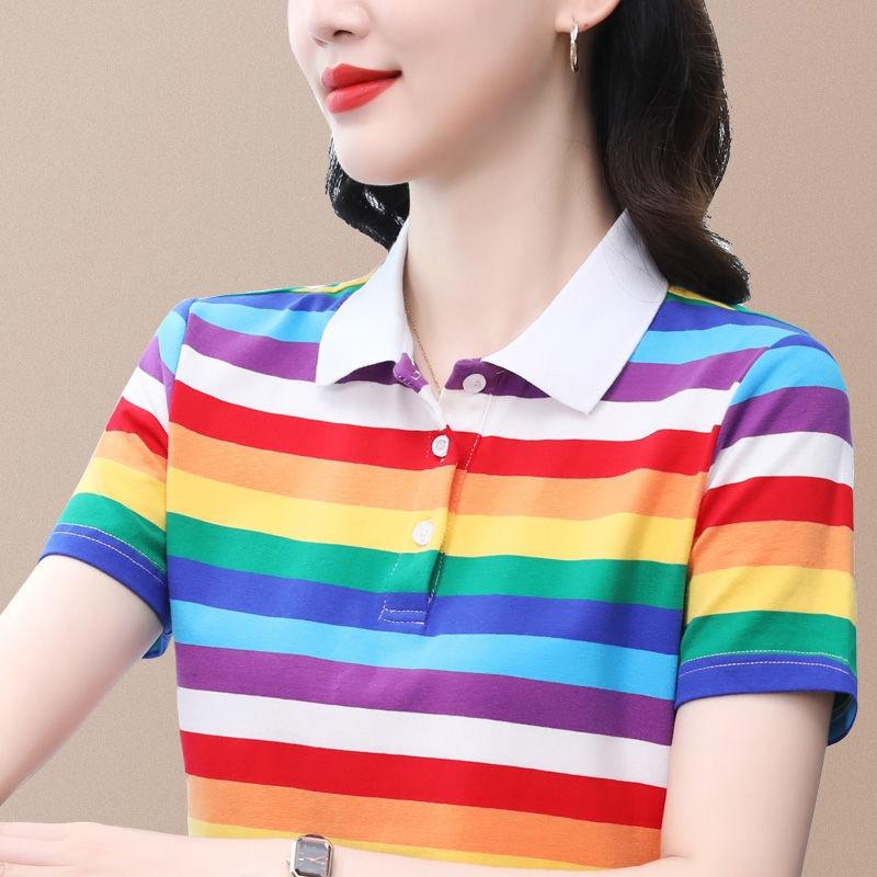 

Жіноча бавовняна футболка з коротким рукавом 2025 Літо Новітня Смугаста Повсякденна Спортивна З лацканом Елегантна Футболка-поло L